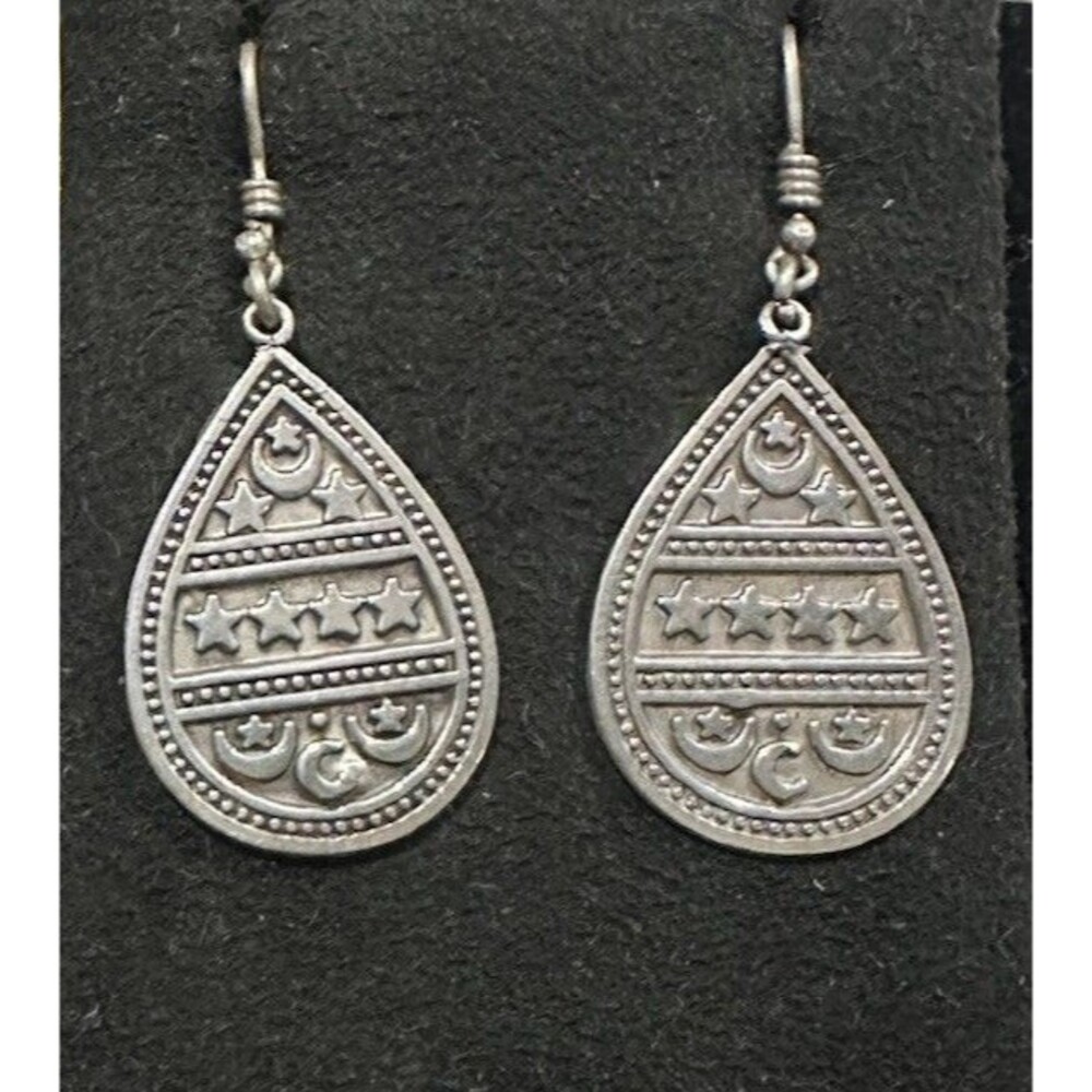 Vintage Artisan Embossed Sun Moon Stars Sterling Silver Teardrop Hook Earrings